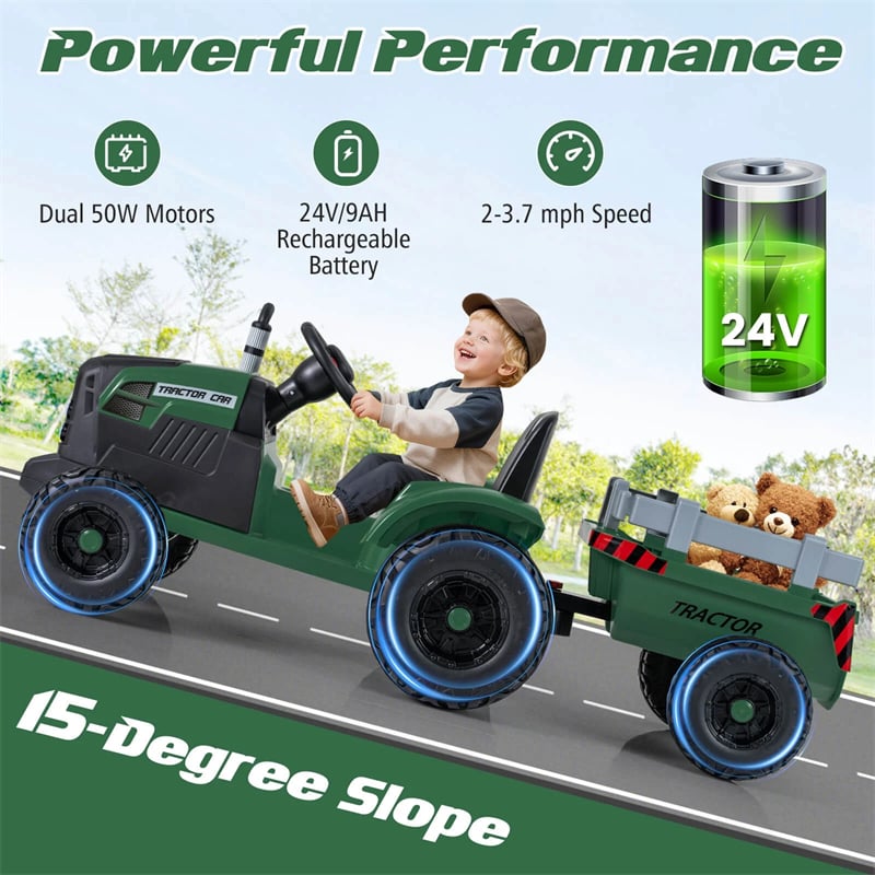 24V Ride On Tractor with Detachable Trailer & Remote Control, Kids Electric Vehicle with 3 Speeds, 15° Climbing & Music for Ages 3+