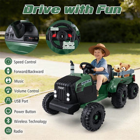 24V Ride On Tractor with Detachable Trailer & Remote Control, Kids Electric Vehicle with 3 Speeds, 15° Climbing & Music for Ages 3+