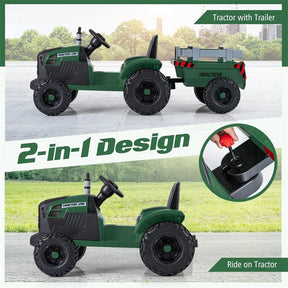 24V Ride On Tractor with Detachable Trailer & Remote Control, Kids Electric Vehicle with 3 Speeds, 15° Climbing & Music for Ages 3+