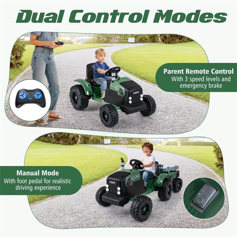 24V Ride On Tractor with Detachable Trailer & Remote Control, Kids Electric Vehicle with 3 Speeds, 15° Climbing & Music for Ages 3+