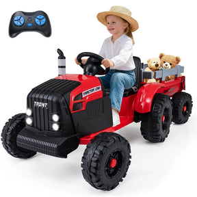 24V Ride On Tractor with Detachable Trailer & Remote Control, Kids Electric Vehicle with 3 Speeds, 15° Climbing & Music for Ages 3+