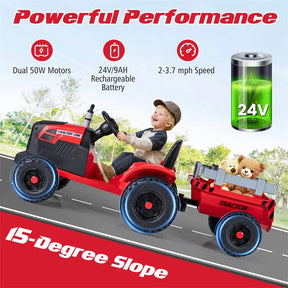 24V Ride On Tractor with Detachable Trailer & Remote Control, Kids Electric Vehicle with 3 Speeds, 15° Climbing & Music for Ages 3+