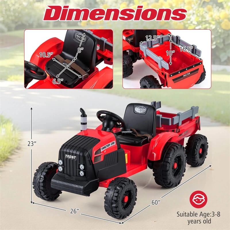 24V Ride On Tractor with Detachable Trailer & Remote Control, Kids Electric Vehicle with 3 Speeds, 15° Climbing & Music for Ages 3+