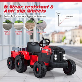 24V Ride On Tractor with Detachable Trailer & Remote Control, Kids Electric Vehicle with 3 Speeds, 15° Climbing & Music for Ages 3+