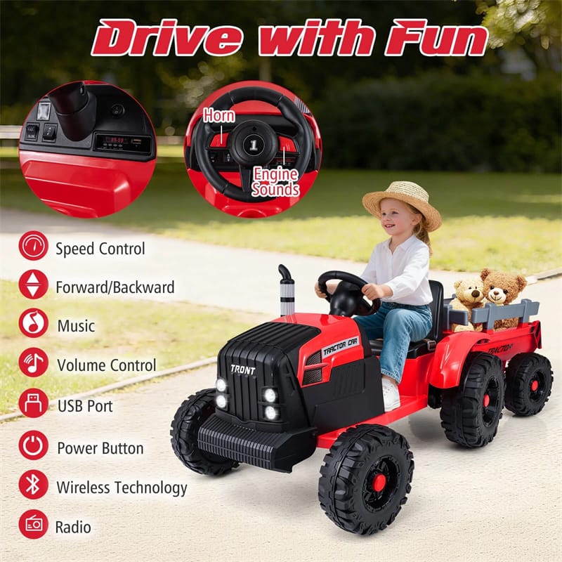 24V Ride On Tractor with Detachable Trailer & Remote Control, Kids Electric Vehicle with 3 Speeds, 15° Climbing & Music for Ages 3+