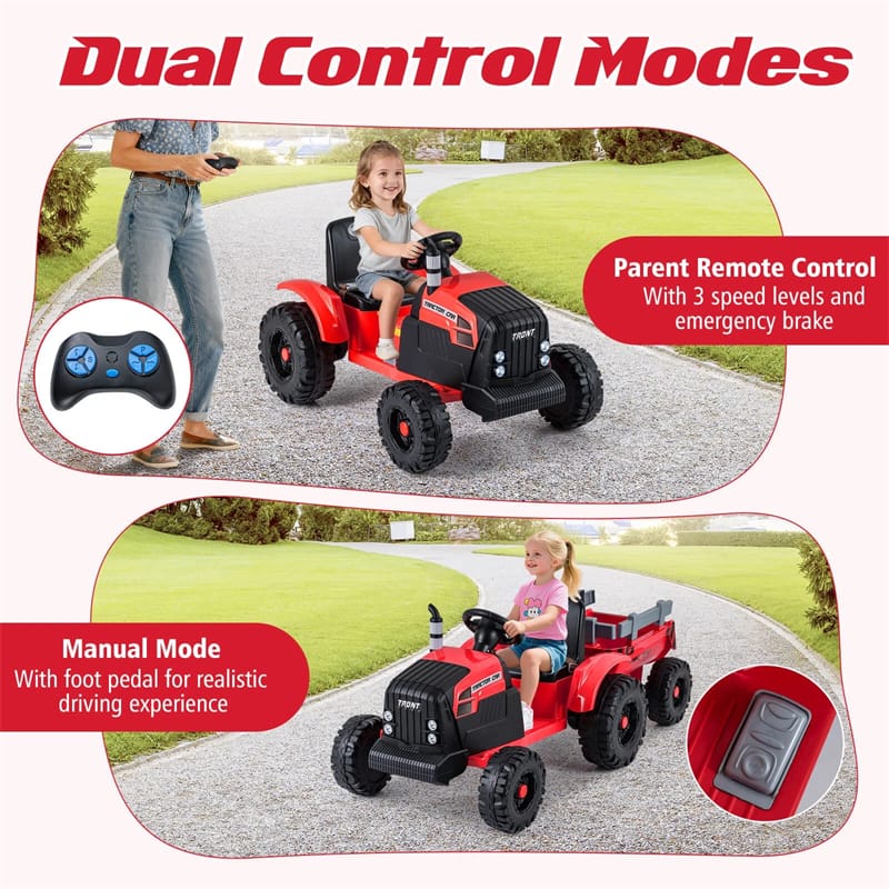 24V Ride On Tractor with Detachable Trailer & Remote Control, Kids Electric Vehicle with 3 Speeds, 15° Climbing & Music for Ages 3+