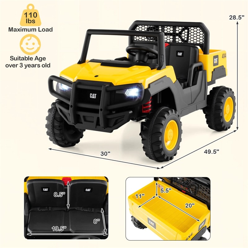 24V Licensed Caterpillar Ride on Dump Truck, 2-Seater Kids UTV Car Electric Vehicle with Remote Control, Dump Bed, 4x100W Motors & Soft Start
