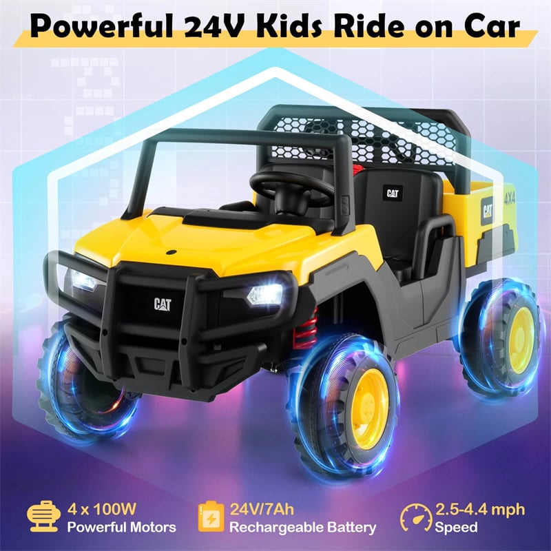 24V Licensed Caterpillar Ride on Dump Truck, 2-Seater Kids UTV Car Electric Vehicle with Remote Control, Dump Bed, 4x100W Motors & Soft Start