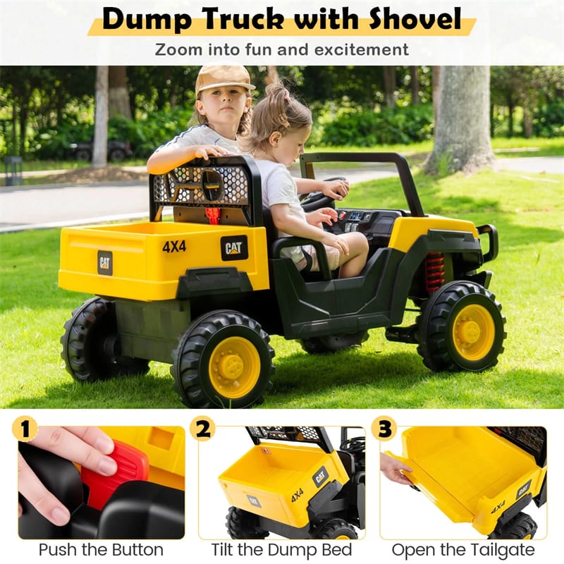 24V Licensed Caterpillar Ride on Dump Truck, 2-Seater Kids UTV Car Electric Vehicle with Remote Control, Dump Bed, 4x100W Motors & Soft Start