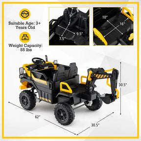 24V Ride-On Excavator, 4WD Electric Construction Truck with Remote Control, Digging Arm, Lights & Music, Excavator Ride On Toy for Kids Ages 3+