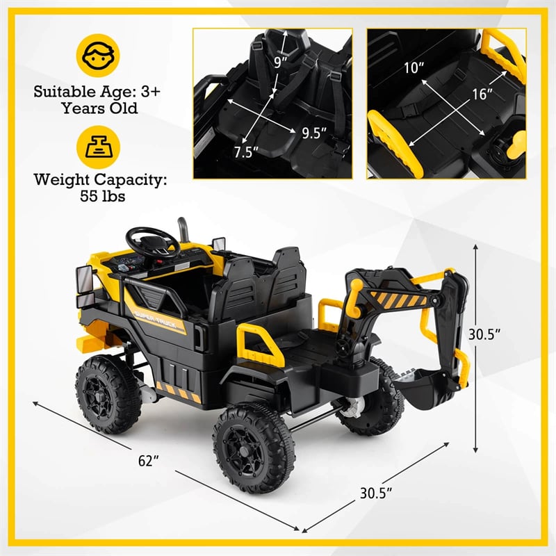 24V Ride-On Excavator, 4WD Electric Construction Truck with Remote Control, Digging Arm, Lights & Music, Excavator Ride On Toy for Kids Ages 3+