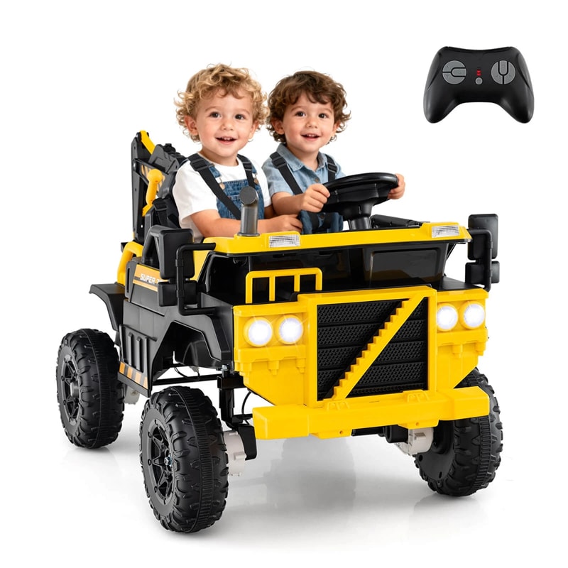 24V Ride-On Excavator, 4WD Electric Construction Truck with Remote Control, Digging Arm, Lights & Music, Excavator Ride On Toy for Kids Ages 3+