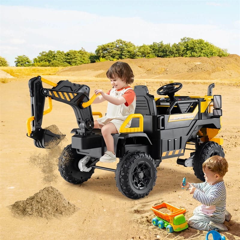 24V Ride-On Excavator, 4WD Electric Construction Truck with Remote Control, Digging Arm, Lights & Music, Excavator Ride On Toy for Kids Ages 3+