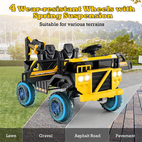 24V Ride-On Excavator, 4WD Electric Construction Truck with Remote Control, Digging Arm, Lights & Music, Excavator Ride On Toy for Kids Ages 3+