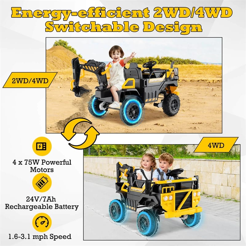 24V Ride-On Excavator, 4WD Electric Construction Truck with Remote Control, Digging Arm, Lights & Music, Excavator Ride On Toy for Kids Ages 3+