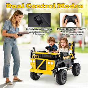 24V Ride-On Excavator, 4WD Electric Construction Truck with Remote Control, Digging Arm, Lights & Music, Excavator Ride On Toy for Kids Ages 3+
