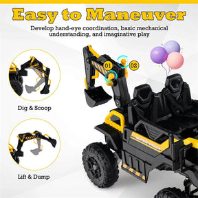 24V Ride-On Excavator, 4WD Electric Construction Truck with Remote Control, Digging Arm, Lights & Music, Excavator Ride On Toy for Kids Ages 3+