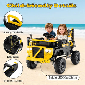 24V Ride-On Excavator, 4WD Electric Construction Truck with Remote Control, Digging Arm, Lights & Music, Excavator Ride On Toy for Kids Ages 3+