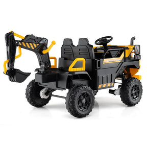 24V Ride-On Excavator, 4WD Electric Construction Truck with Remote Control, Digging Arm, Lights & Music, Excavator Ride On Toy for Kids Ages 3+