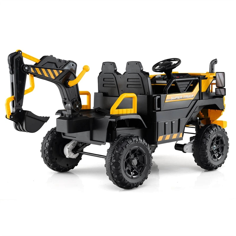 24V Ride-On Excavator, 4WD Electric Construction Truck with Remote Control, Digging Arm, Lights & Music, Excavator Ride On Toy for Kids Ages 3+
