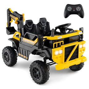 24V Ride-On Excavator, 4WD Electric Construction Truck with Remote Control, Digging Arm, Lights & Music, Excavator Ride On Toy for Kids Ages 3+