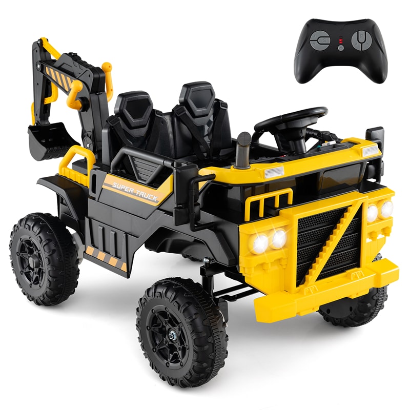 24V Ride-On Excavator, 4WD Electric Construction Truck with Remote Control, Digging Arm, Lights & Music, Excavator Ride On Toy for Kids Ages 3+