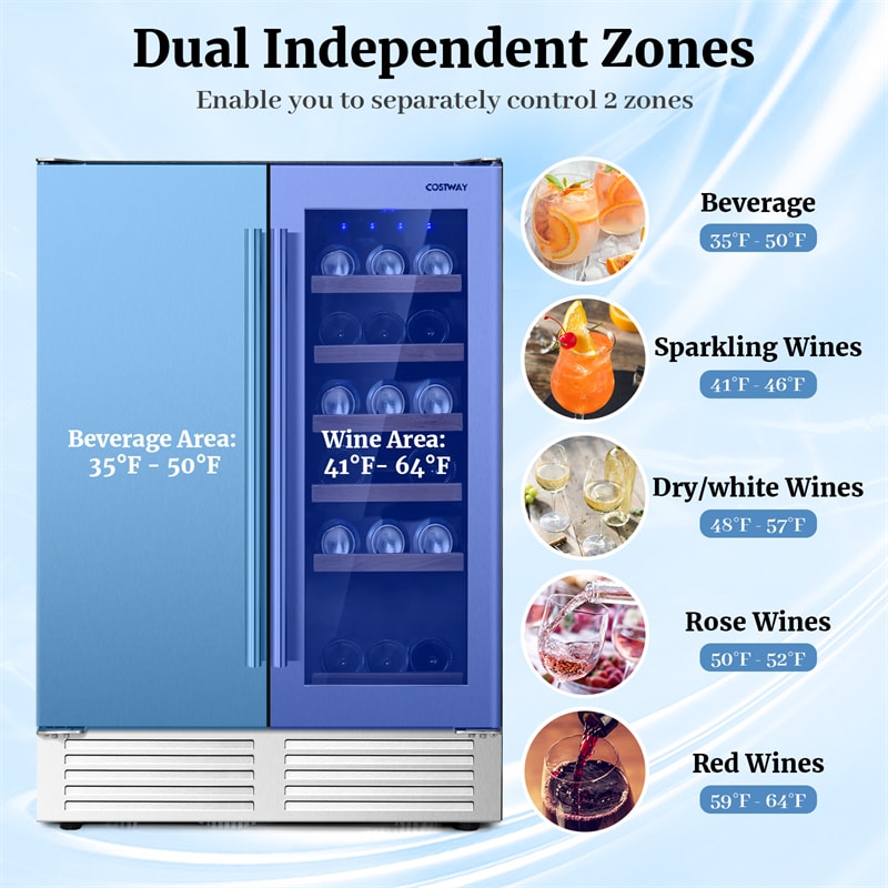 24" Dual Zone Under Counter Wine Beverage Refrigerator Cooler w/Lock, Built-in & Freestanding Wine Fridge Holds 19 Bottles & 57 Cans