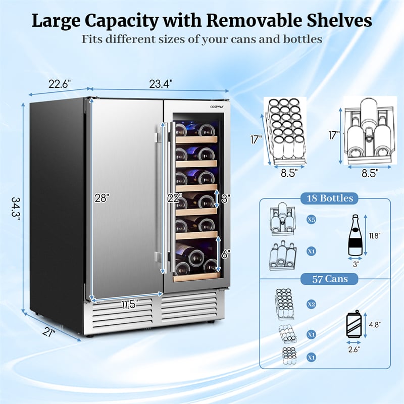 24" Dual Zone Under Counter Wine Beverage Refrigerator Cooler w/Lock, Built-in & Freestanding Wine Fridge Holds 19 Bottles & 57 Cans