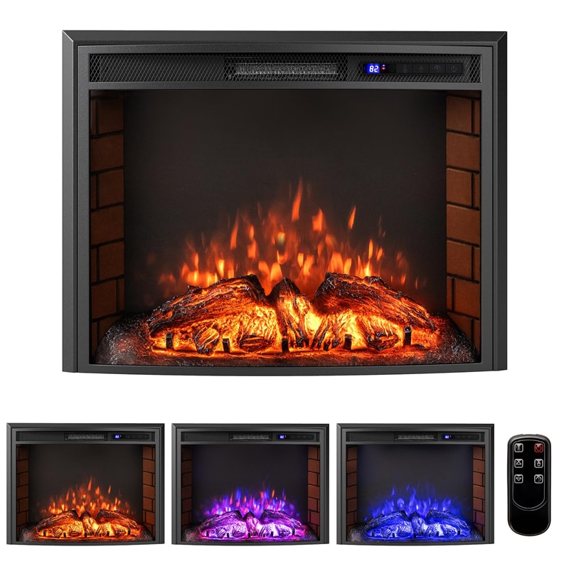 26" Curved Electric Fireplace Insert, 750W/1500W Recessed Fireplace Heater with Remote Control, Adjustable Flame & Brightness, Overheat Protection