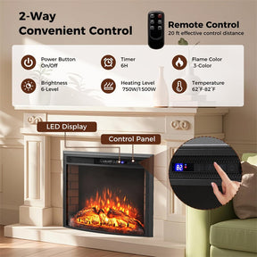 26" Curved Electric Fireplace Insert, 750W/1500W Recessed Fireplace Heater with Remote Control, Adjustable Flame & Brightness, Overheat Protection