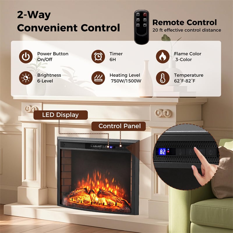 26" Curved Electric Fireplace Insert, 750W/1500W Recessed Fireplace Heater with Remote Control, Adjustable Flame & Brightness, Overheat Protection