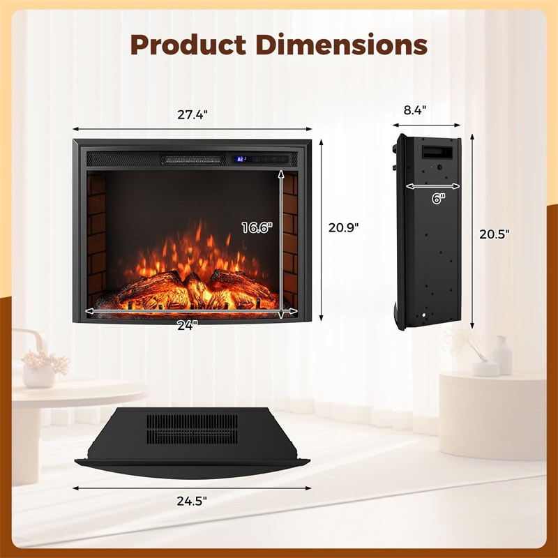 26" Curved Electric Fireplace Insert, 750W/1500W Recessed Fireplace Heater with Remote Control, Adjustable Flame & Brightness, Overheat Protection