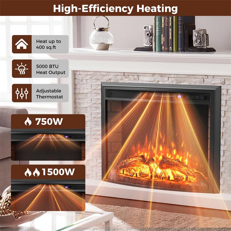 26" Curved Electric Fireplace Insert, 750W/1500W Recessed Fireplace Heater with Remote Control, Adjustable Flame & Brightness, Overheat Protection