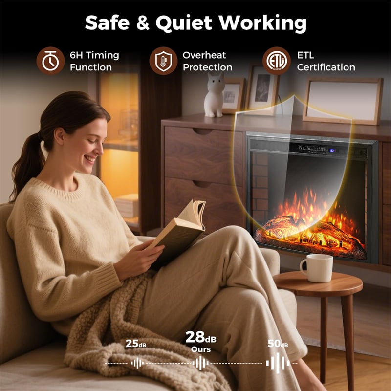 26" Curved Electric Fireplace Insert, 750W/1500W Recessed Fireplace Heater with Remote Control, Adjustable Flame & Brightness, Overheat Protection