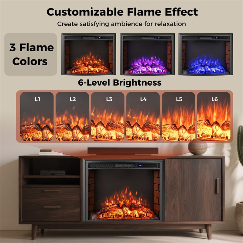 26" Curved Electric Fireplace Insert, 750W/1500W Recessed Fireplace Heater with Remote Control, Adjustable Flame & Brightness, Overheat Protection