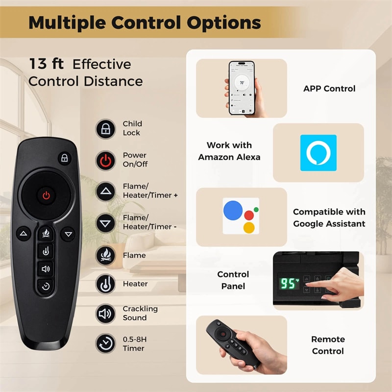 26" WiFi Electric Fireplace Insert Log Set, 1500W Infrared Quartz Heater with App/Voice Control, Realistic Lemonwood Logs, Crackling Sound, 8H Timer