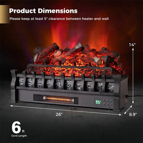 26" WiFi Electric Fireplace Insert Log Set, 1500W Infrared Quartz Heater with App/Voice Control, Realistic Lemonwood Logs, Crackling Sound, 8H Timer