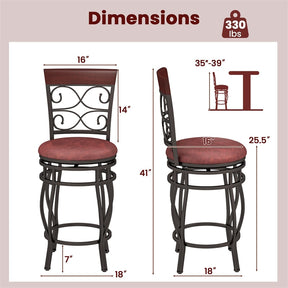 26" Swivel Metal Bar Stools Set of 2, Vintage Upholstered Counter Height Bar Chairs with Back & PU Leather Padded Seat for Pub, Kitchen Island