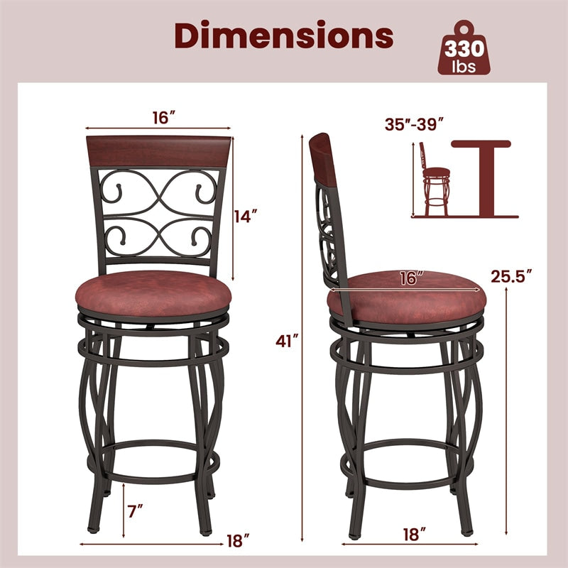 26" Swivel Metal Bar Stools Set of 2, Vintage Upholstered Counter Height Bar Chairs with Back & PU Leather Padded Seat for Pub, Kitchen Island