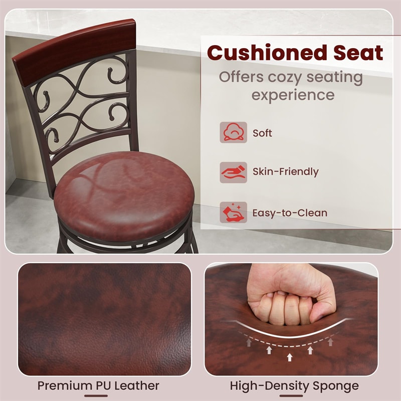 26" Swivel Metal Bar Stools Set of 2, Vintage Upholstered Counter Height Bar Chairs with Back & PU Leather Padded Seat for Pub, Kitchen Island