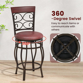 26" Swivel Metal Bar Stools Set of 2, Vintage Upholstered Counter Height Bar Chairs with Back & PU Leather Padded Seat for Pub, Kitchen Island