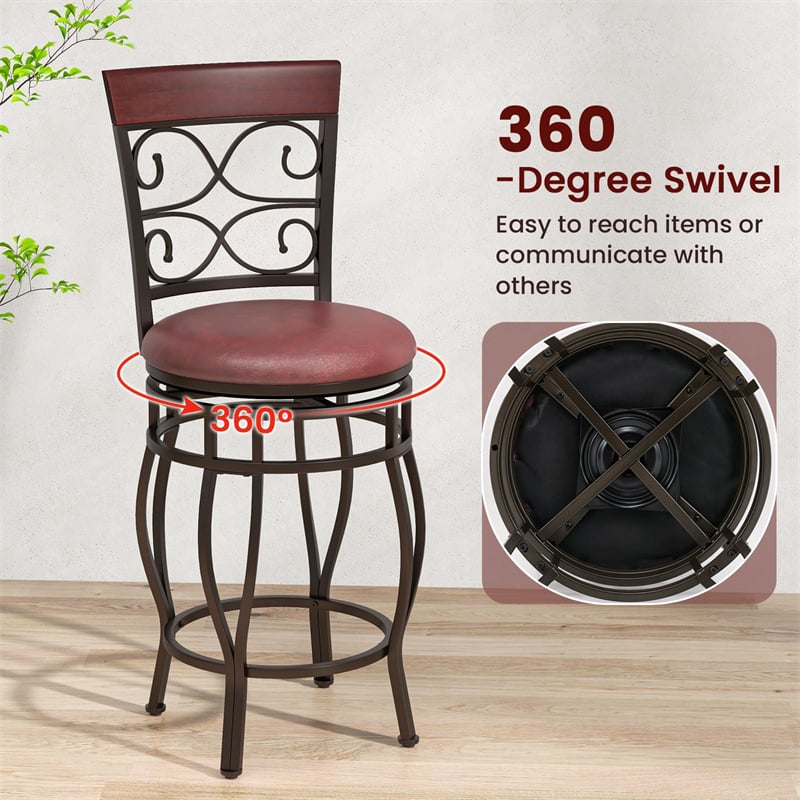 26" Swivel Metal Bar Stools Set of 2, Vintage Upholstered Counter Height Bar Chairs with Back & PU Leather Padded Seat for Pub, Kitchen Island