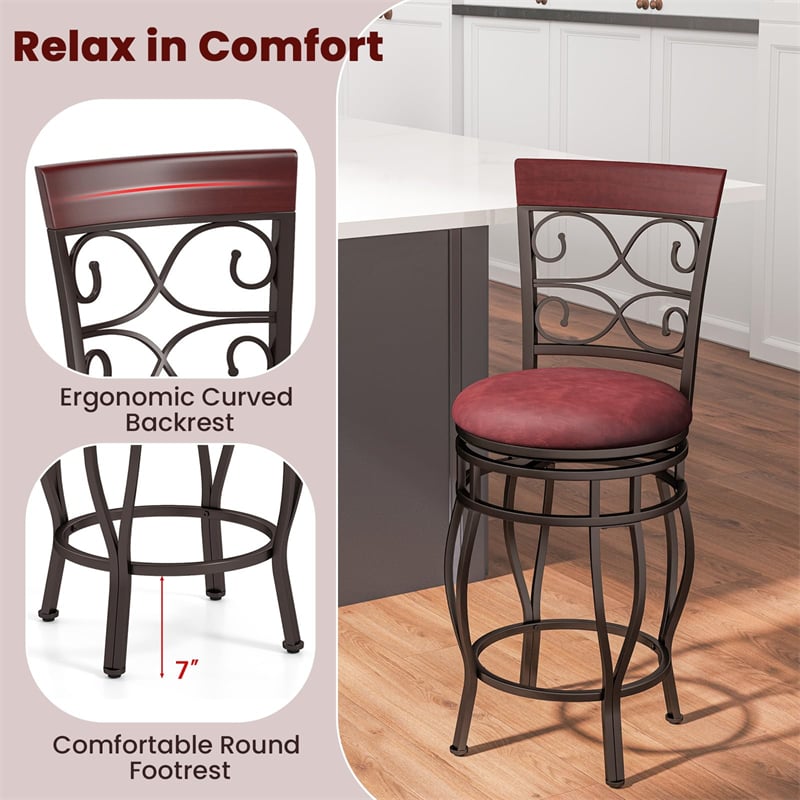 26" Swivel Metal Bar Stools Set of 2, Vintage Upholstered Counter Height Bar Chairs with Back & PU Leather Padded Seat for Pub, Kitchen Island