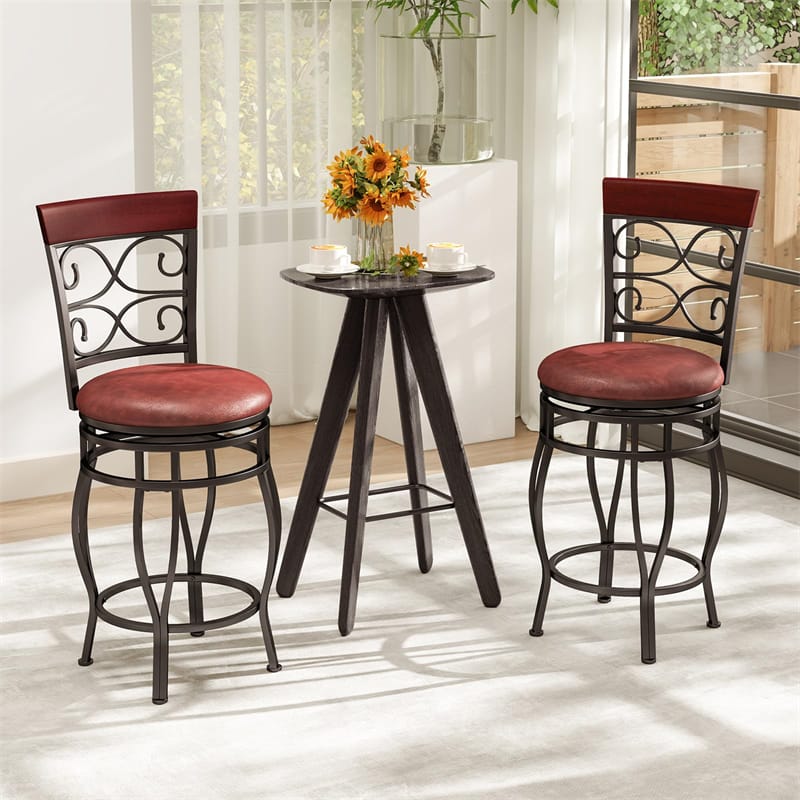 26" Swivel Metal Bar Stools Set of 2, Vintage Upholstered Counter Height Bar Chairs with Back & PU Leather Padded Seat for Pub, Kitchen Island