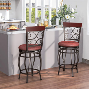 26" Swivel Metal Bar Stools Set of 2, Vintage Upholstered Counter Height Bar Chairs with Back & PU Leather Padded Seat for Pub, Kitchen Island