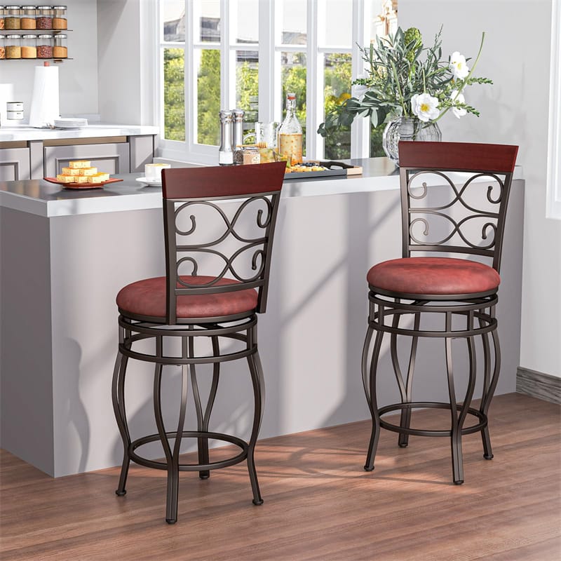 26" Swivel Metal Bar Stools Set of 2, Vintage Upholstered Counter Height Bar Chairs with Back & PU Leather Padded Seat for Pub, Kitchen Island