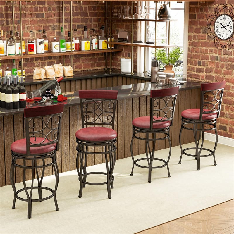 26" Swivel Metal Bar Stools Set of 2, Vintage Upholstered Counter Height Bar Chairs with Back & PU Leather Padded Seat for Pub, Kitchen Island