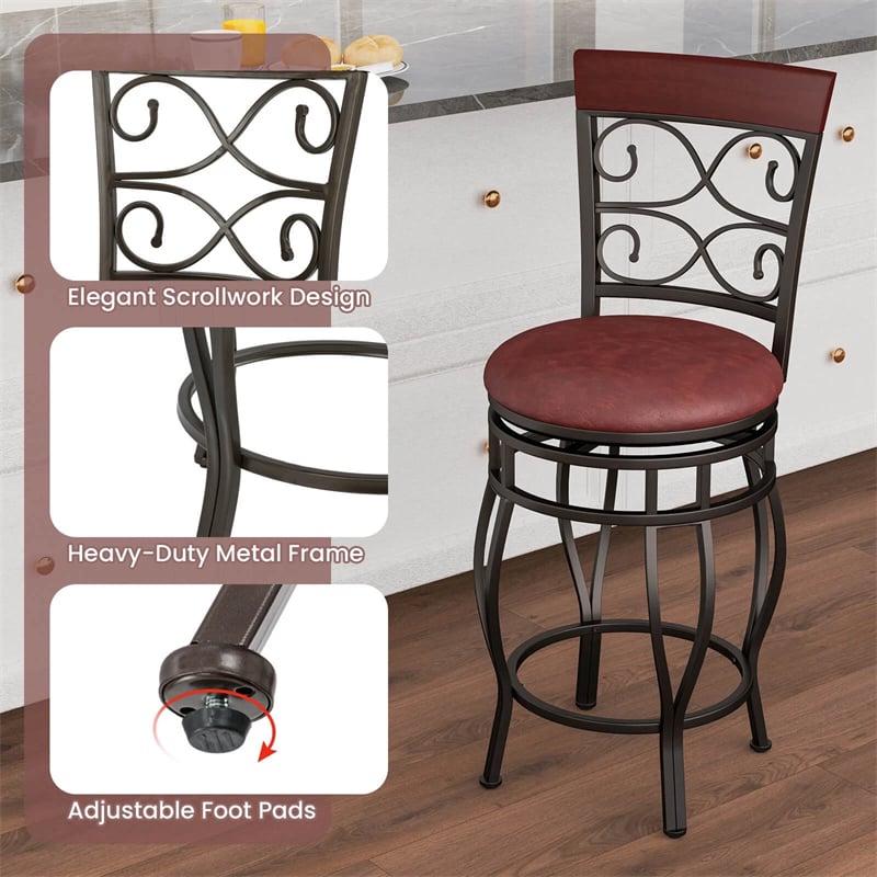 26" Swivel Metal Bar Stools Set of 2, Vintage Upholstered Counter Height Bar Chairs with Back & PU Leather Padded Seat for Pub, Kitchen Island