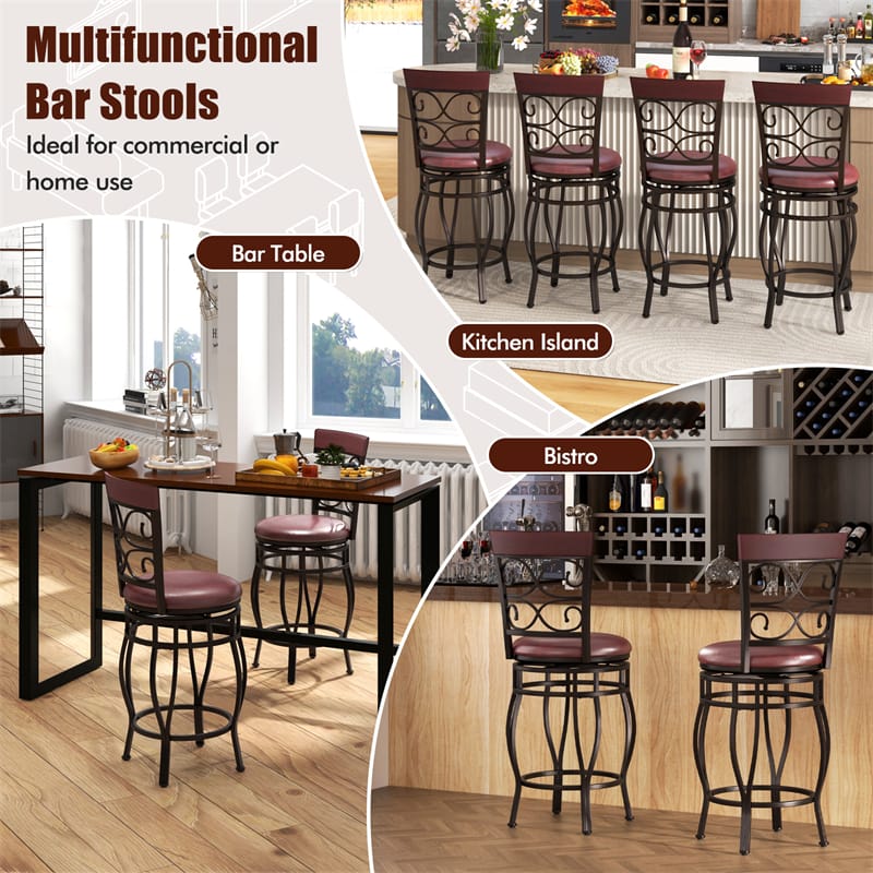 26" Swivel Metal Bar Stools Set of 2, Vintage Upholstered Counter Height Bar Chairs with Back & PU Leather Padded Seat for Pub, Kitchen Island