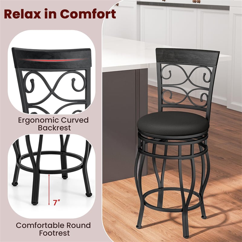 26" Swivel Metal Bar Stools Set of 2, Vintage Upholstered Counter Height Bar Chairs with Back & PU Leather Padded Seat for Pub, Kitchen Island